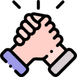 Illustration of two hands in a handshake on a black background.