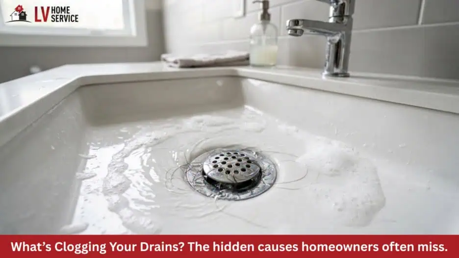 Clogged sink with soapy water and hair around the drain, bright bathroom
