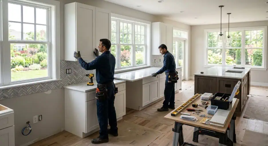 Two construction workers install cabinets in a bright, modern kitchen with large windows. Tools and wooden floors suggest ongoing renovation work.