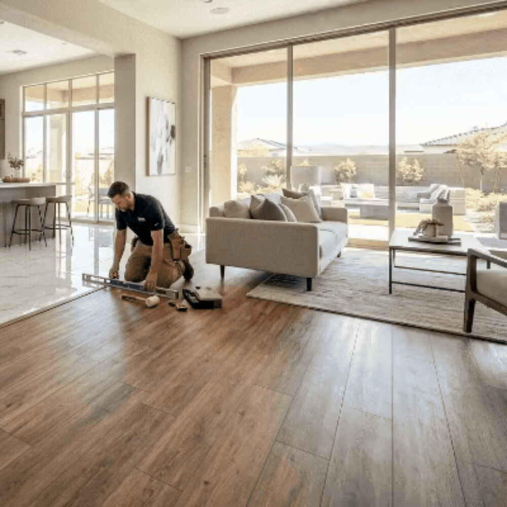 Workers installing flooring in a modern living room.