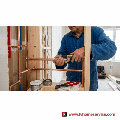Technician working on copper pipe plumbing installation.