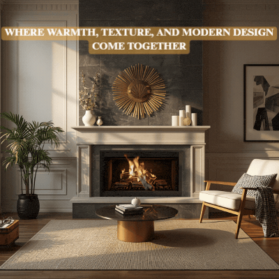 Modern living room with a lit fireplace, gold sunburst decor.