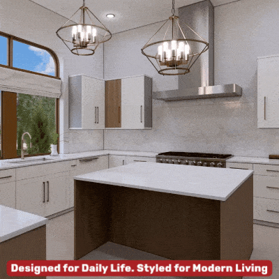 Modern kitchen with a large island and two geometric chandeliers.