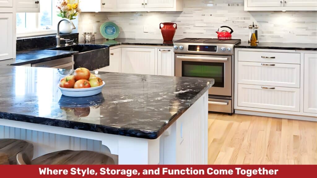Modern kitchen counter with dark granite countertops.