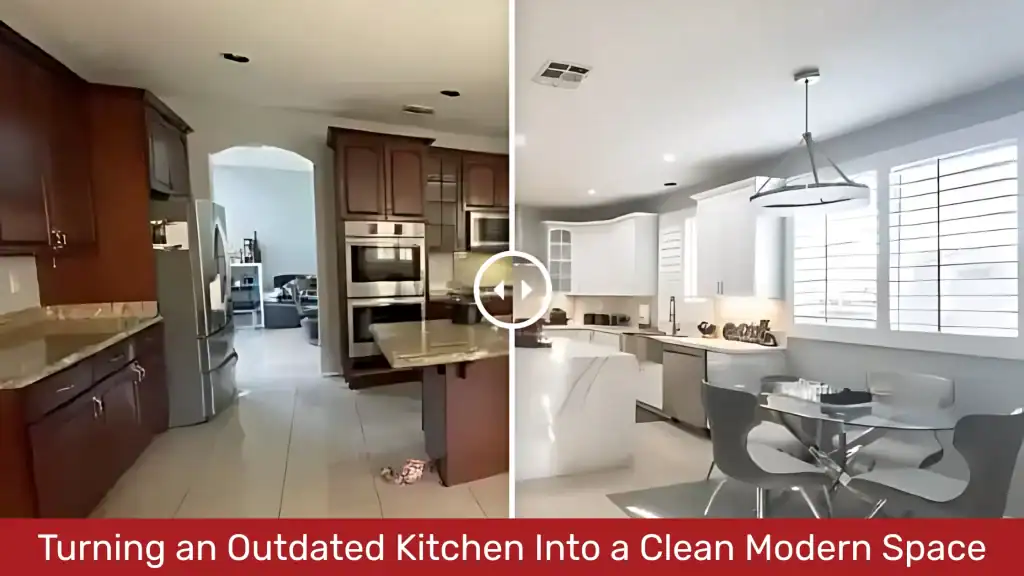 Before and after modern kitchen remodeling transformation.