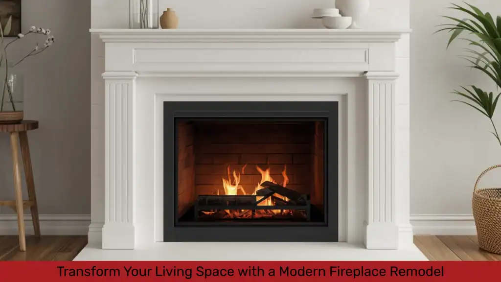 Modern white fireplace with a burning fire.