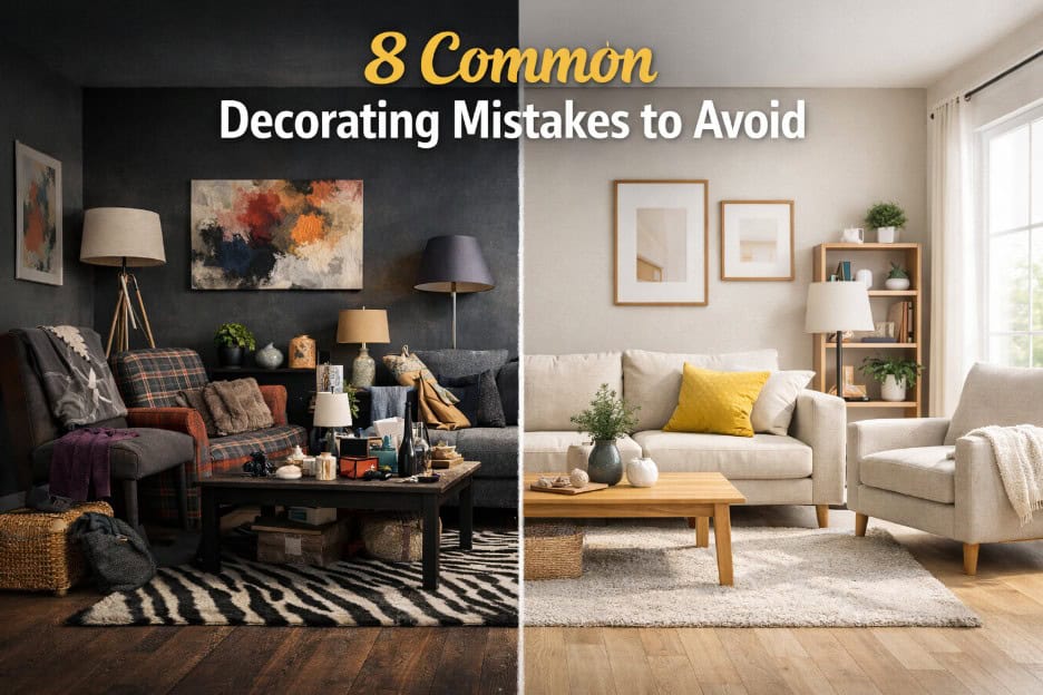 Split living room design showing common decorating mistakes