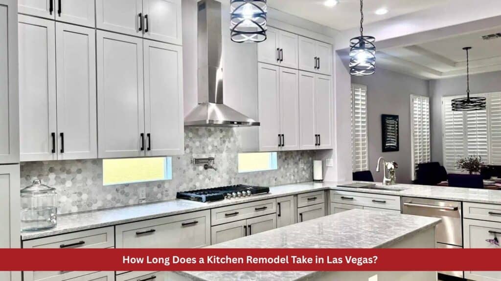 Modern Las Vegas kitchen remodel featuring white shaker cabinets and marble countertops.